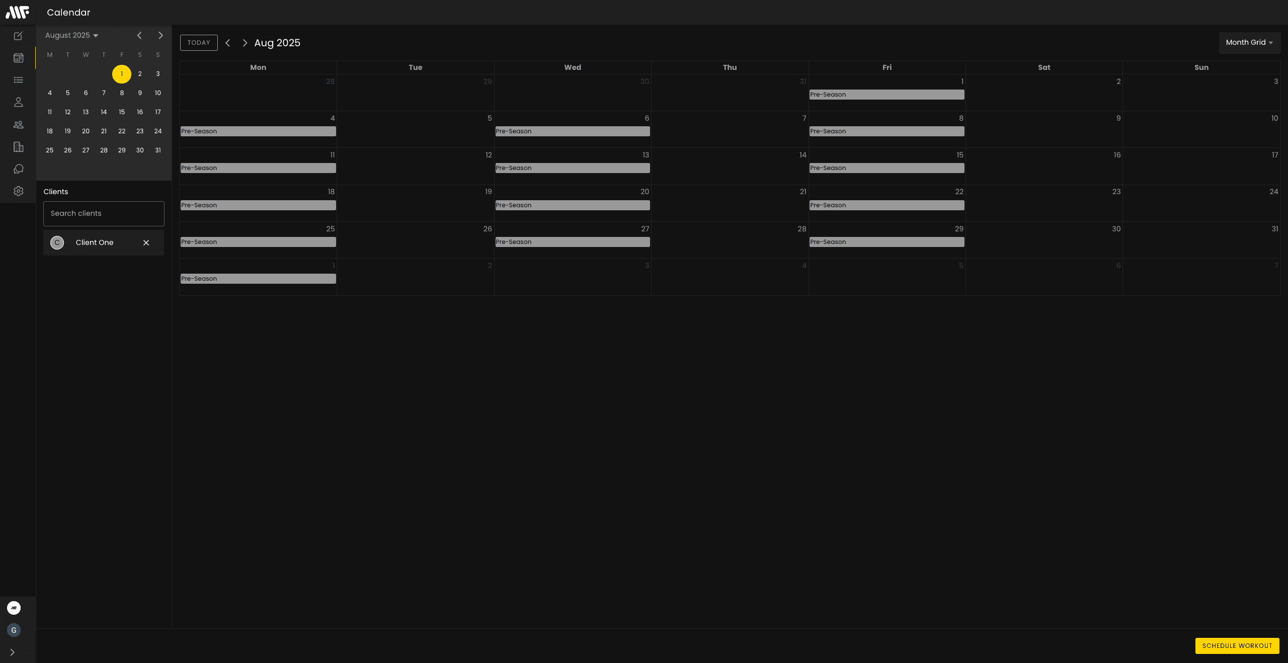 ME Fit Pro calendar screenshot showing the scheduling system