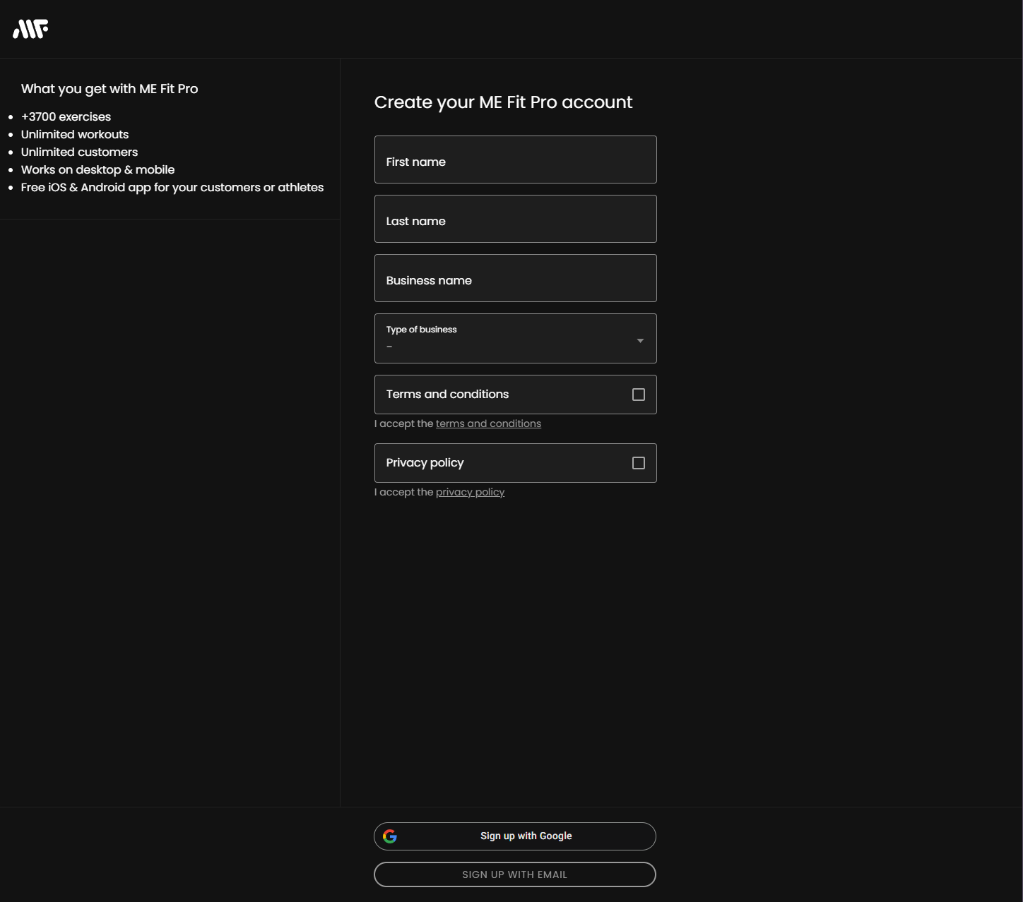 ME Fit onboarding page
